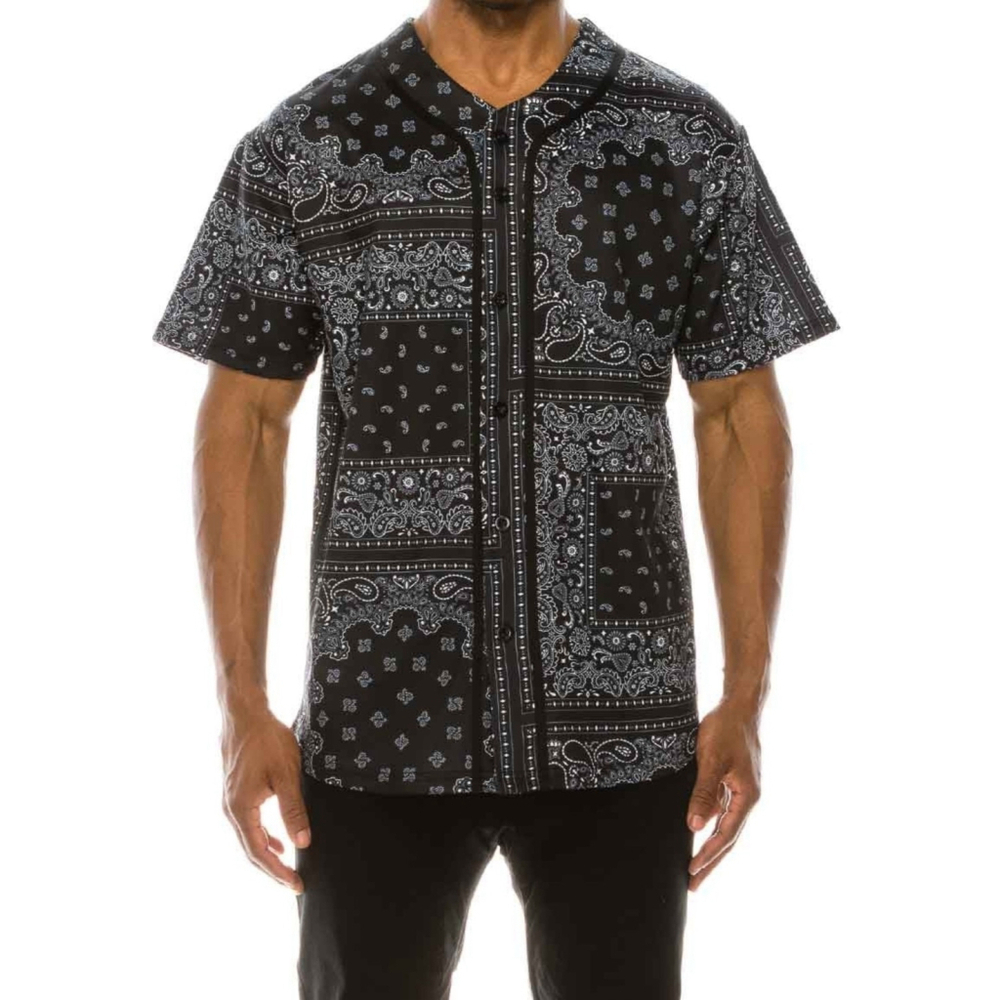 Victorious Black Baseball Jersey Bandana Paisley Button Down Shirt Men's L NWOT